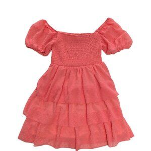 Altar’d State Puff-Sleeve Tiered Swiss-Dot Mini Dress Coral  Size Medium